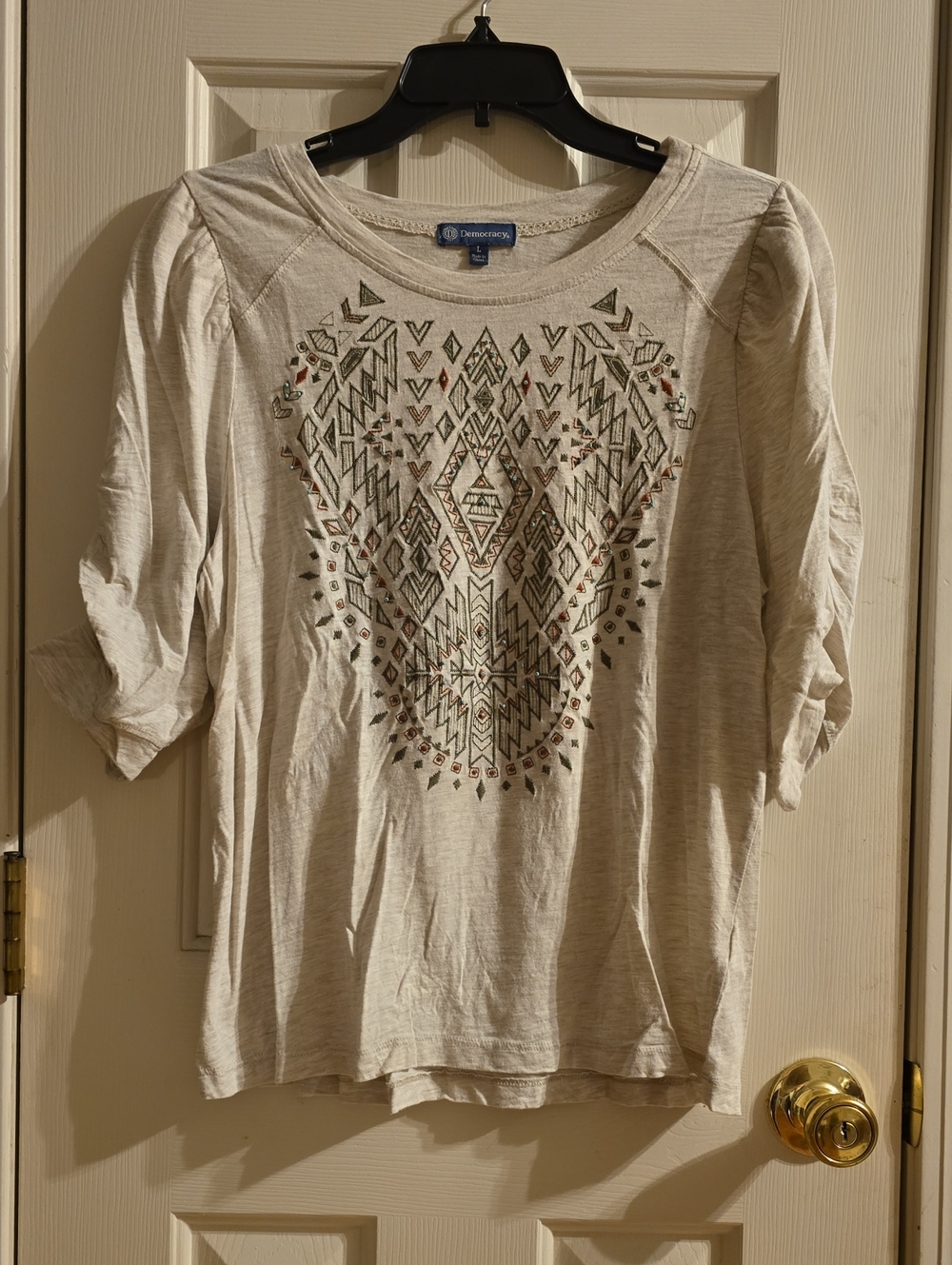 Democracy Cream Short-Sleeve Tribal Embroidered Tee